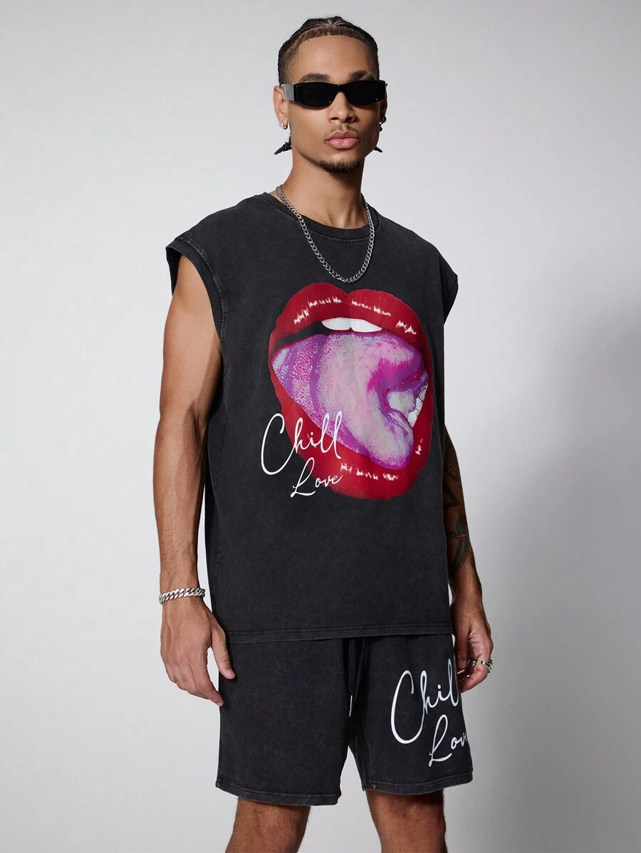 PAVTROS Manfinity Streetrush Men Graphic Print Sleeveless Round Neck Tank Top And Drawstring Letter Print Shorts Summer Casual Outfit - Black - View 1