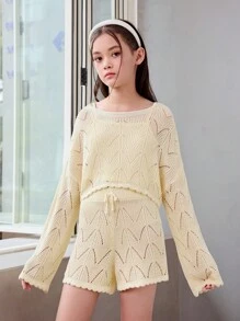 Tween Girl Casual Solid Color Comfortable Sweater Suit With Round Neckline And Pullover Top And Pants - Apricot - View 4