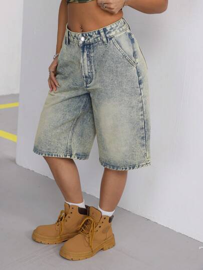 SHEIN Tall Mid-Waist Retro Washed Wide-Leg Denim Shorts
