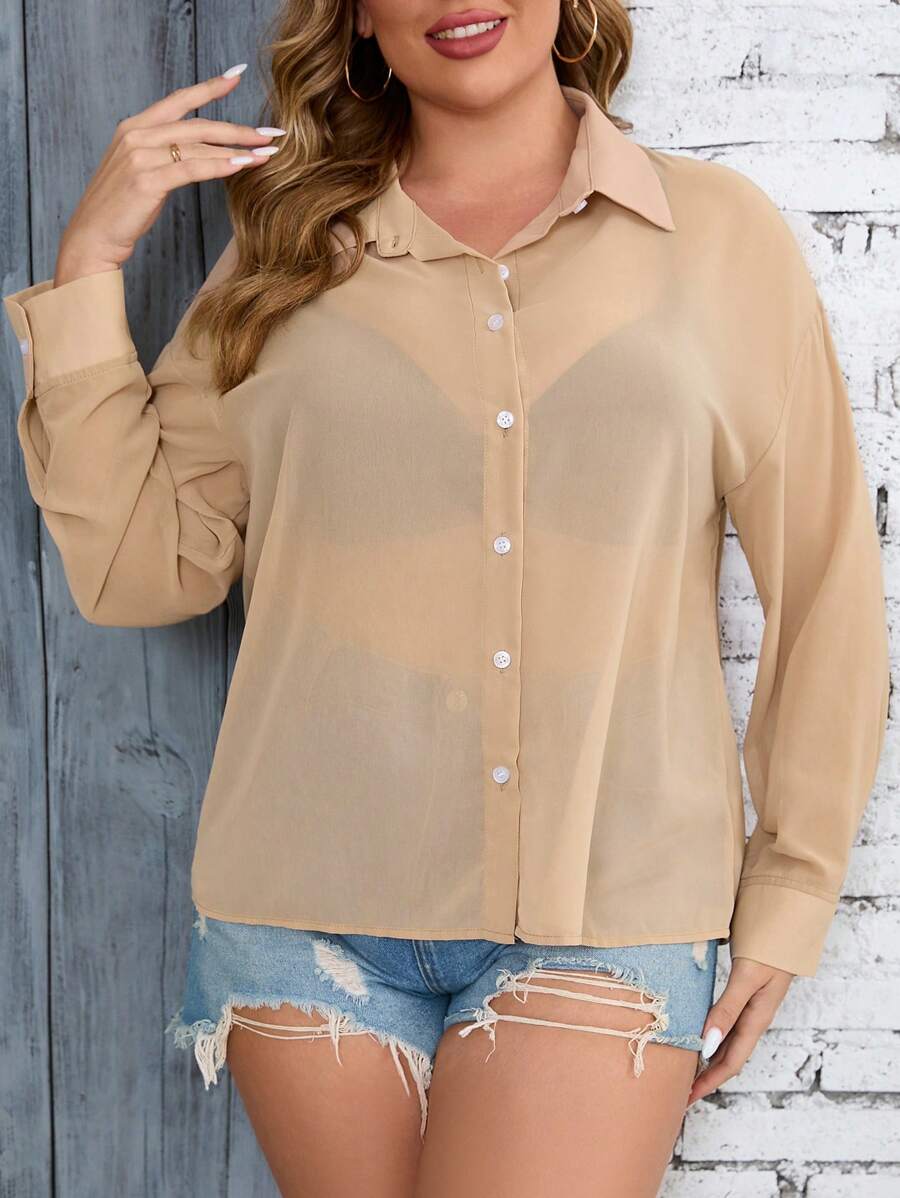 SHEIN VCAY 大尺碼女式時尚簡約純色寬鬆透視襯衫 - 卡其色 - 查看 1