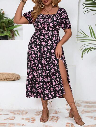 SHEIN VCAY Plus Size Women's Fashionable Summer Sweet Print Waist Cinched Split Hem Dress