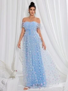 Women's Blue Off Shoulder Mesh Evening Dress - Blue - View 5