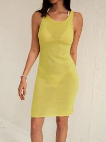 SHEIN Swim Women's Fashion Summer Solid Color Knitted Slim Fit Vest Cover Up - Yellow - View 4