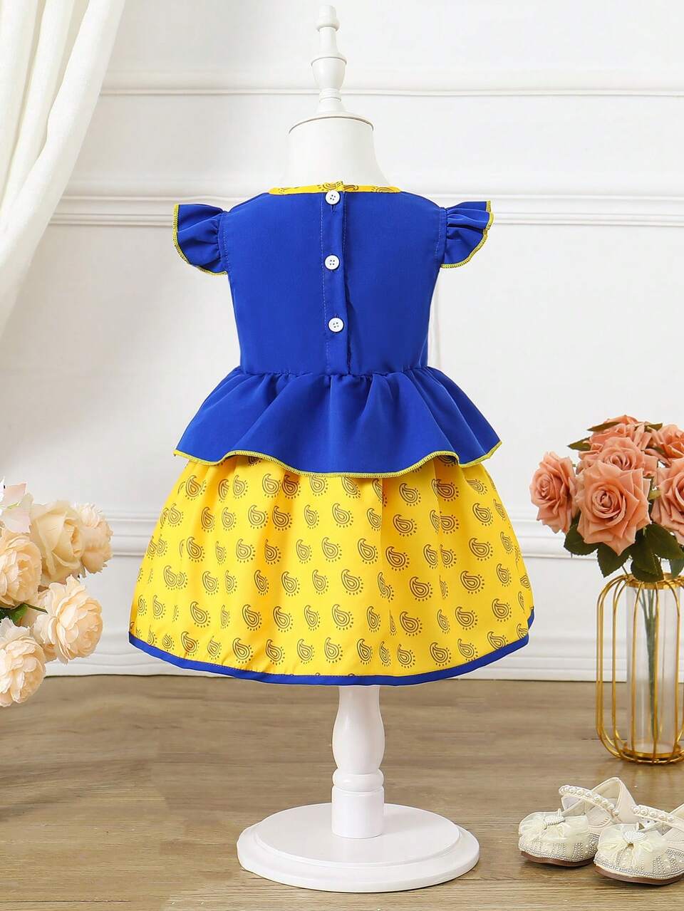 Summer Elegant Layered Blue & Gold  Patterned Baby Girls' Dress
