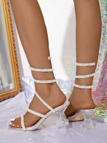 Sandálias femininas de salto alto com strass e pérolas, decoração sexy, peep toe, tiras envolventes com design de cobra, adequadas para festas de verão - Prata - Ver 5