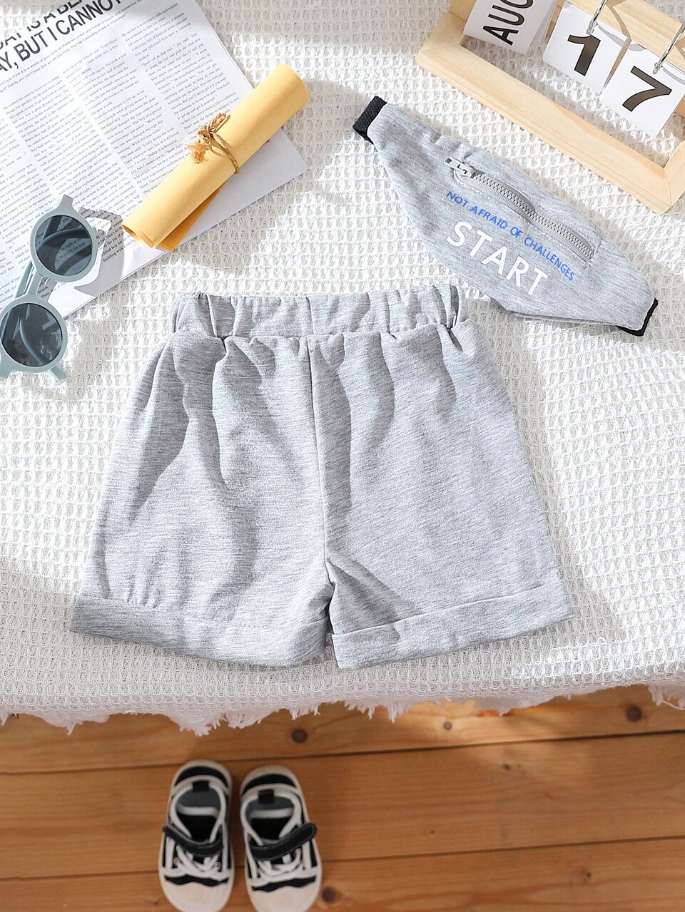 Fashionable Gray Shorts With Shoulder Bag For Infant Boys, Summer