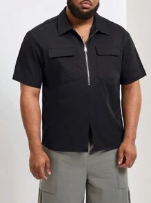 Manfinity Homme Men's Plus Size Summer Solid Color Workwear Short Sleeve Casual Shirt With Zipper And Pockets - Black - View 1