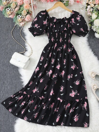 Sparklyn 少女花卉印花圓領短袖裙