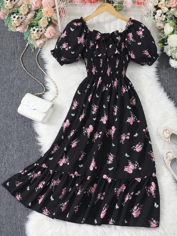 Sparklyn Teen Girl Floral Print Round Neck Short Sleeve Dress