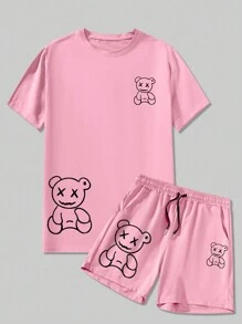 Manfinity Homme Plus Size Men's Cartoon Teddy Printed Round Neck Short Sleeve Casual T-Shirt And Drawstring Waist Shorts Set, Summer - Pink - View 3