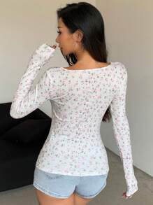 DAZY Camiseta de manga larga con cuello cuadrado, ajuste delgado, con estampado floral diminuto, para primavera/verano, ropa de otoño estilo Y2K - Multicolor - Ver 4