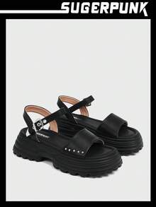 Sugerpunk Women's Black Platform Wedge Sandals, Suitable For Daily Wear Fall - Black - View 2