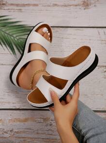 Women's Fashionable White Metal Buckle Decor Wedge Platform Sandals, Hollow-Out Peep Toe Design, Reinforced Stitching, Soft Anti-Slip Soles, Casual Versatile Style