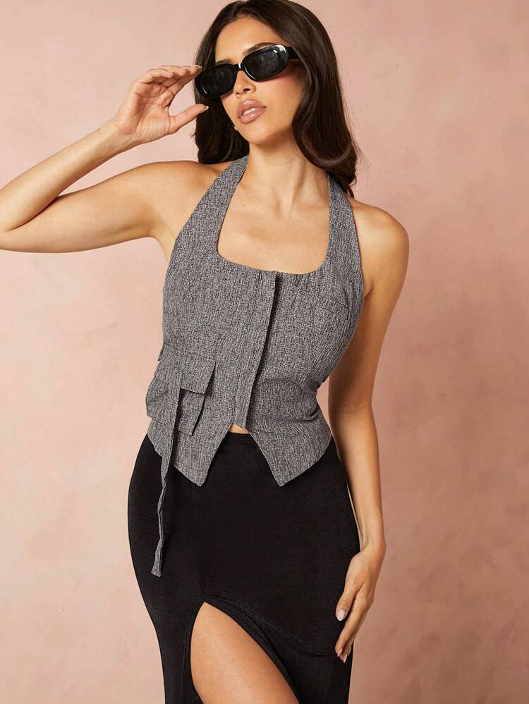 Flap Pocket Buckle Back Halter Top