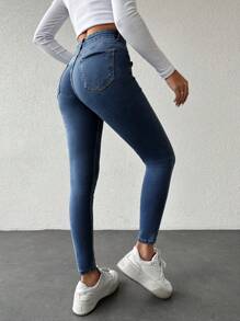 EURMUSE 女性中腰修身牛仔褲 - 深色水洗藍 - 查看 2