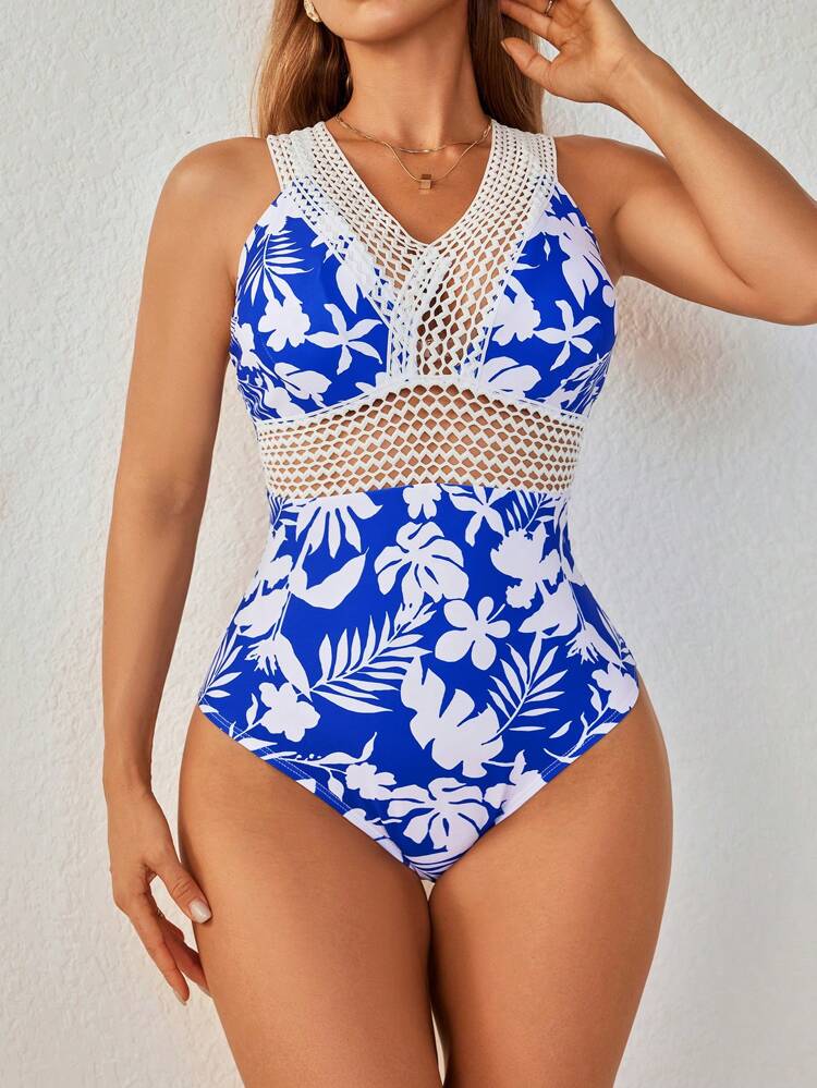 Women's Tropical Plant Print Splice Lace Cross-Back Monokini Swimsuit For Vacation Summer