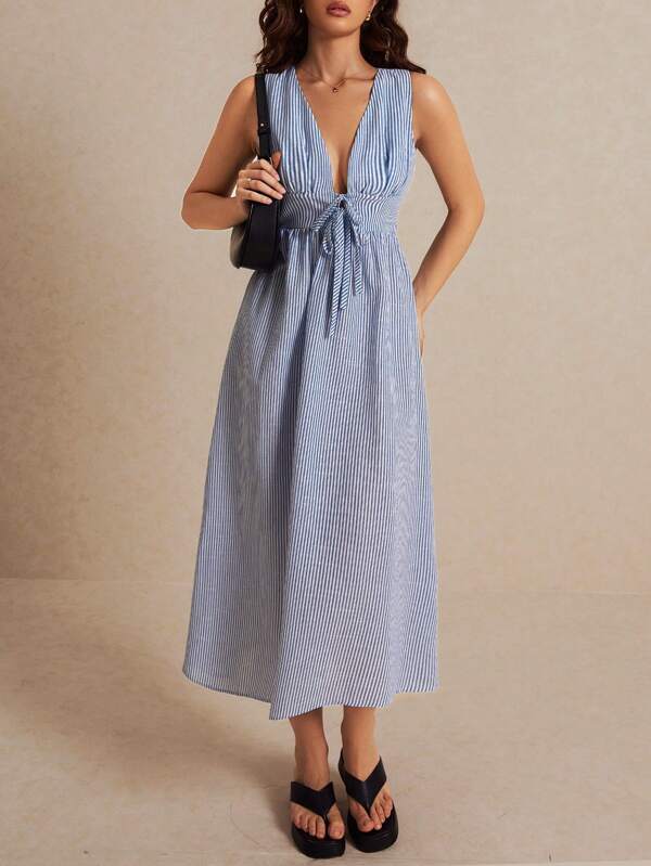 Poéselle Vestido de tirantes sin mangas con cuello en V a rayas azules, vestidos a rayas, vestidos de verano azules, vestidos de mujer, vestidos ajustados y entallados de longitud media para ir al trabajo