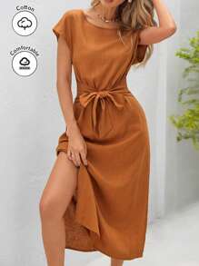 SHEIN VCAY Summer Versatile Style Holiday Solid Color Linen Sleeveless Dress With Front Waist Tie And Side Slit For Women