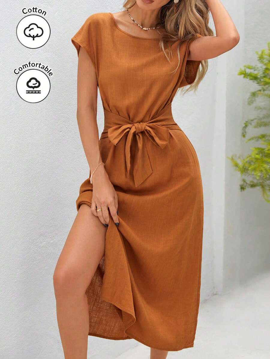 SHEIN VCAY Summer Versatile Style Holiday Solid Color Linen Sleeveless Dress With Front Waist Tie And Side Slit For Women