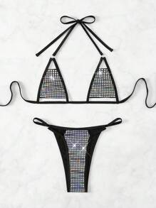 Swim SXY 女士夏季沙灘金屬質感綁頸比基尼套裝 - 黑色 - 查看 5