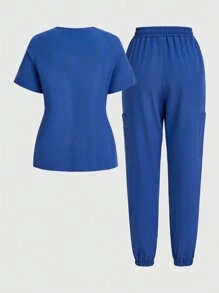 TaskEZ 純色短袖上衣和褲子裝，護士服套裝 - 寶藍色 - 查看 2