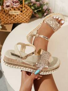 Damskie sandały na koturnie z okrągłym noskiem, zapięcie na rzep, platforma z grubą liną, klasyczne szpilki na grubym obcasie, wygodne codzienne klapki typu mule