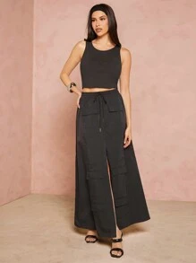 Hauture Split Thigh Drawstring Cargo Skirt - Black - View 5