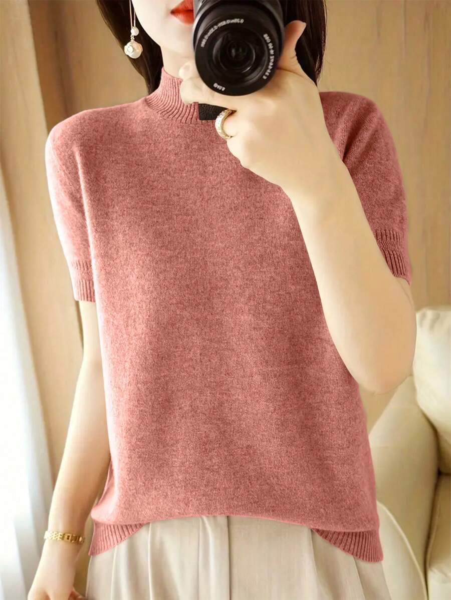 SHEIN Unity Women's Plain And Simple Daily Short Sleeve Sweater - Pink - View 1