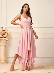 SHEIN Belle 女士浪漫粉色柔软亲肤编织面料扭纹肩带 V 领腰结前结二次加工弹性可调节下摆不对称水母褶边背部 V 型背结橄榄色适合婚礼季节母亲节婚礼活动毕业季场合正式伴娘礼服