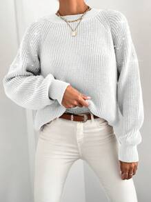 EURMUSE Jersey De Manga Larga Raglán Para Mujer Decorado Con Perlas - Blanco - Ver 4