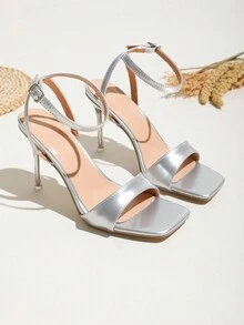 Giày Sandal Cao Gót Vuông Mũi Vuông Gợi Cảm Màu Bạc Cho Nữ, Phong Cách Kỳ Nghỉ, Tiệc Thoải Mái Trong Suốt Dép Sandal - Bạc - Xem 3