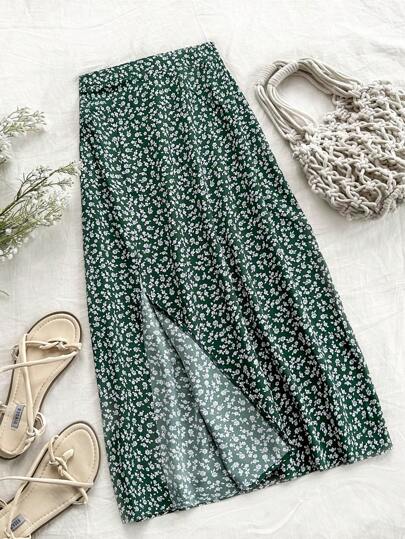 Soleia Falda casual con abertura para vacaciones de mujer con estampado floral pequeño