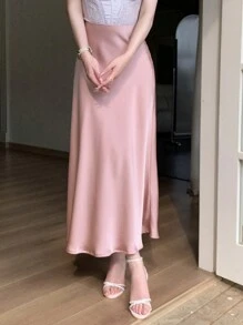 DAZY 女士简约纯色休闲通勤中长裙 - 粉色 - 查看 4