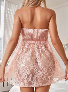 SHEIN Ladies' Solid Color Lace Patchwork Sexy Lingerie Dress - Pink - View 2