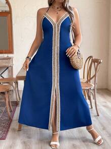 SHEIN Clasi Plus Size Women's Holiday Patchwork Woven Strap Long Casual Tank Dress - Navy Blue - View 5