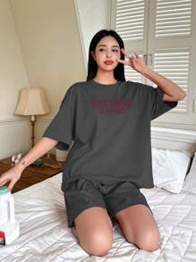 DAZY Bộ đồ mặc nhà ngắn tay in chữ rộng rãi - Màu xám đen - Xem 4