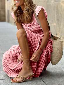 SHEIN LUNE Vestido diario simple de mujer con estampado a cuadros - Rojo - Ver 4