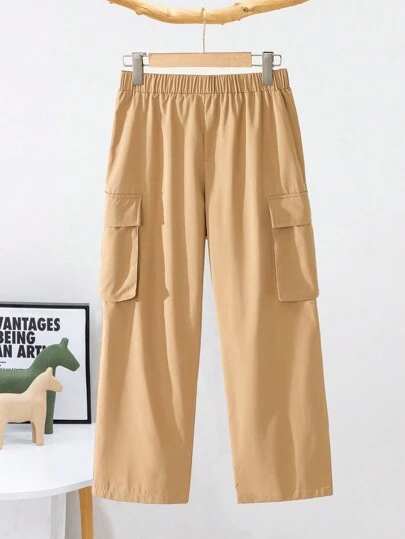 SHEIN Tween Boys Extended Size Casual Comfy Straight Leg Solid Weave Utility Pants With Zipper Pockets