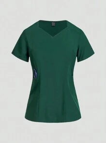 TaskEZ 純色V領短袖上衣和褲子護理制服套裝 - 綠色 - 查看 8