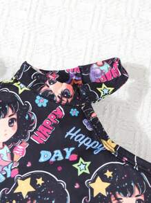 Two Girls' Purple Cartoon Allover Print Stylish Sleeveless Romper, Summer - Multicolor - View 5