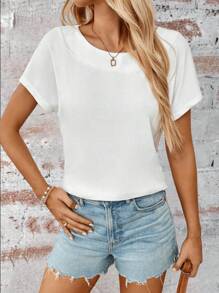 SHEIN LUNE Weißes Lässig-T-Shirt für Damen mit Fledermausärmeln und dezentem Schlitz am Saum