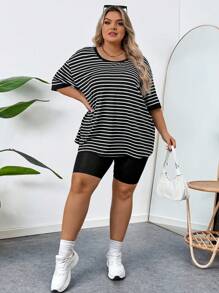 SHEIN CURVE+ 大尺碼女士休閒條紋與印花圓領下垂肩短袖T卹，夏季款式 - 黑色 - 查看 6