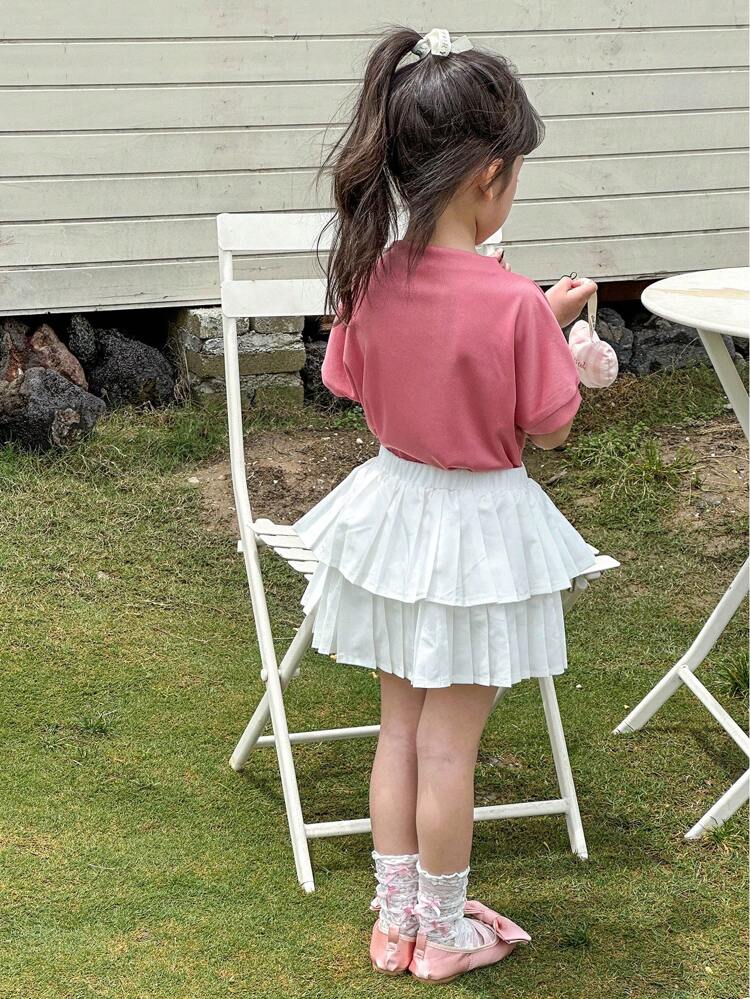 Young Girl Korean-Style High Neck Wide Cut Short Sleeve Top & Double-Layered Pleated Skirt Two-Piece Set, For Playful Active Kids