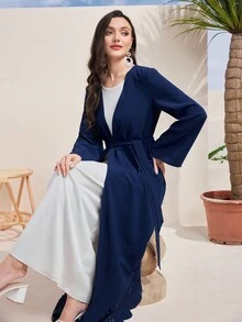 Al Najma Solid Color Belted Long Sleeve Elegant Arabic Abaya, Travel Abaya - Blue - View 8