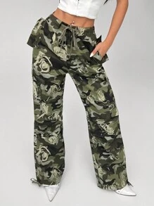 SHEIN Unity Women's Flower Camo Print Belted Casual Long Pants Fall Cloth For Women - Multicolor - View 3