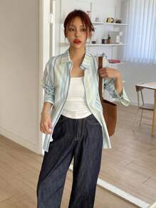 DAZY Áo sơ mi dài tay cổ bẻ thoáng khí kẻ sọc cho nữ, trang phục công sở thường ngày, xuân/hè - màu xanh lá - Xem 5