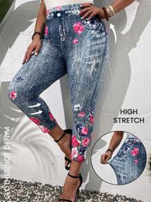 EMERY ROSE 大尺碼女裝夏季鄉村風彈性針織日常休閒牛仔風短褲圖案印花三分緊身褲，適用於夏季度假 - 彩色 - 查看 1