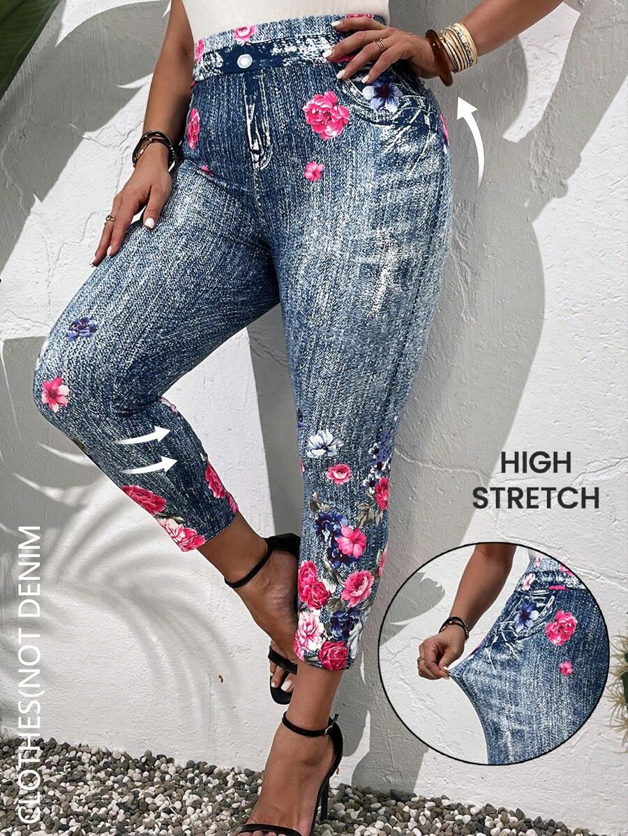EMERY ROSE 大尺碼女裝夏季鄉村風彈性針織日常休閒牛仔風短褲圖案印花三分緊身褲，適用於夏季度假 - 彩色 - 查看 1