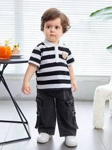 SHEIN 嬰兒男童休閒軟質磨破洗黑色貨袋寬鬆直筒牛仔褲，適用於春夏裝扮 - 灰色 - 查看 6