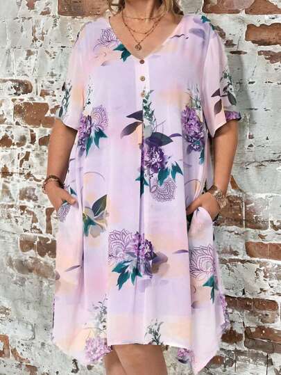 EMERY ROSE Vestido de talla grande con flores estampadas, manga corta y cuello en V para verano